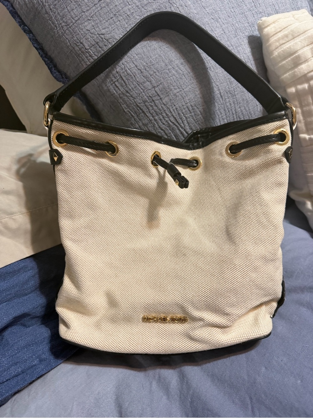 Michael Kors Cream and Black Canvas Drawstring Shoulder Bag